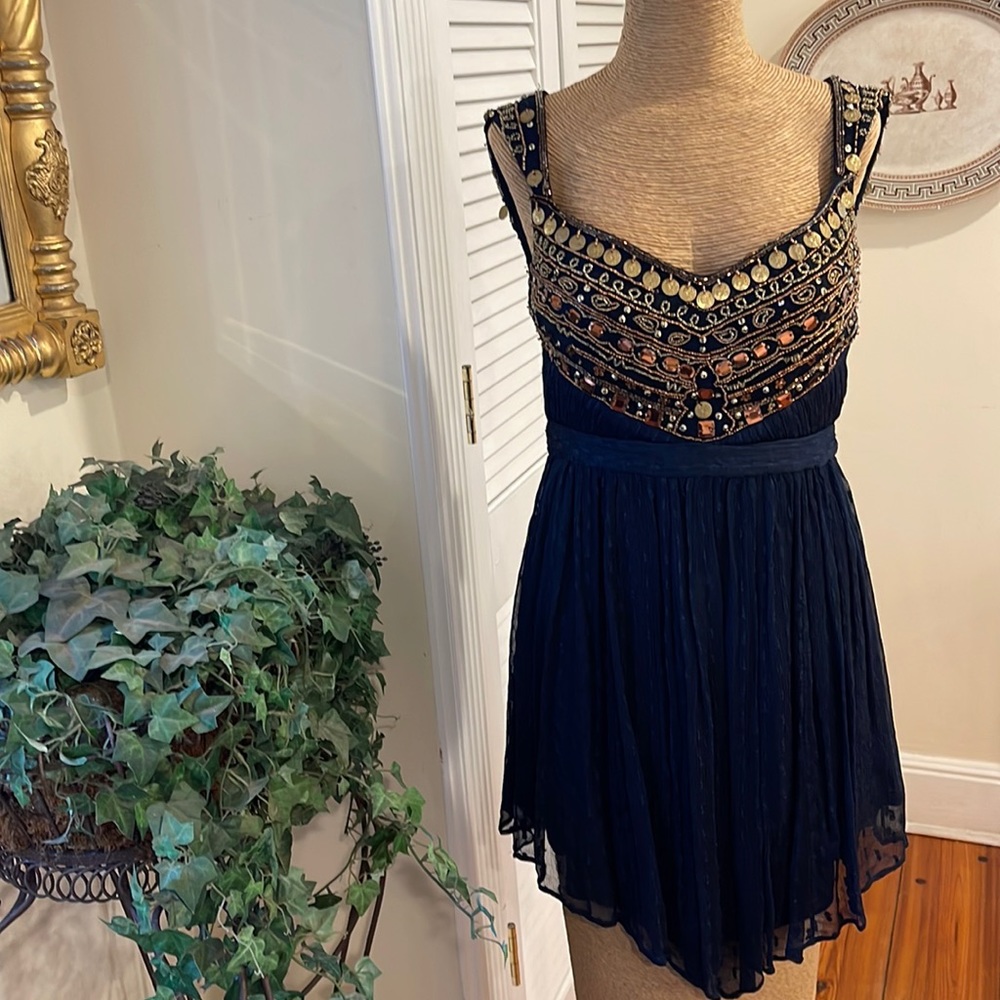 Free People Gold Embellished Navy Dress